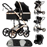 poussette 3 en 1,poussette reversible,Châssis triangulaire & suspension double ressort,Pliage en un clic pour nouveau-nés et toddlers(Noir&Or)