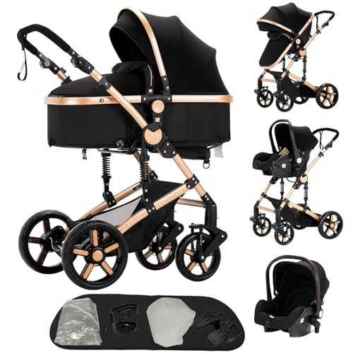 3 in 1 Kinderwagen,Drehbarer Buggy,Dreiecksrahmen,Doppelfederung,1 Klick Faltmechanismus für Neugeborene und Kleinkinder(Schwarz&Gold)