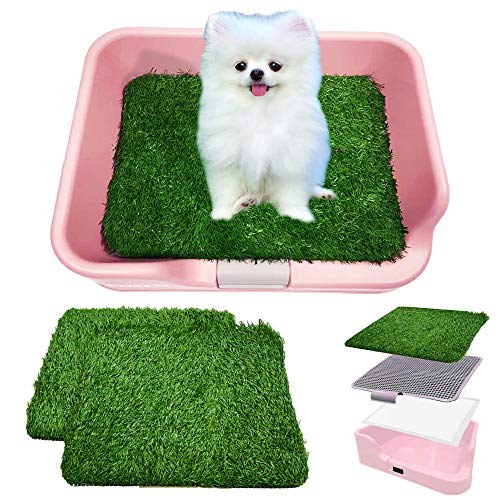 [DogCharge] Indoor Dog Potty Tray (Pink) with 2 Artificial Turf â€“ with Protection Wall Every Side for No Leak, Spill, Accident - Keep Paws Dry and Floors Clean (Potty Tray with 2 Turf Mats)