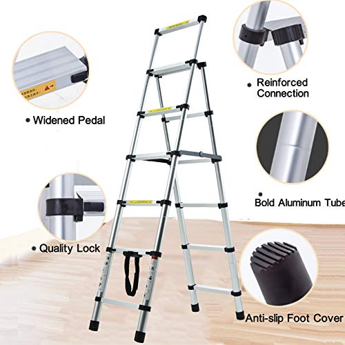 5+6 Step Telescoping Ladder, 5.5ft + 6.5ft A-Frame Aluminum Extension Ladder Lightweight Portable Folding Ladder, Multi-Purpose Adjustable Ladders, Max Load 330lbs