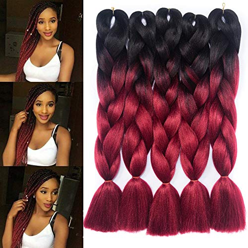 Kanekalon Braiding Hair Two Tone Ombre Jumbo Braids Hair Extensions High Temperature Synthetic Fiber for Twist Braiding Hair Black-Win Red 24” 5pcs/lot