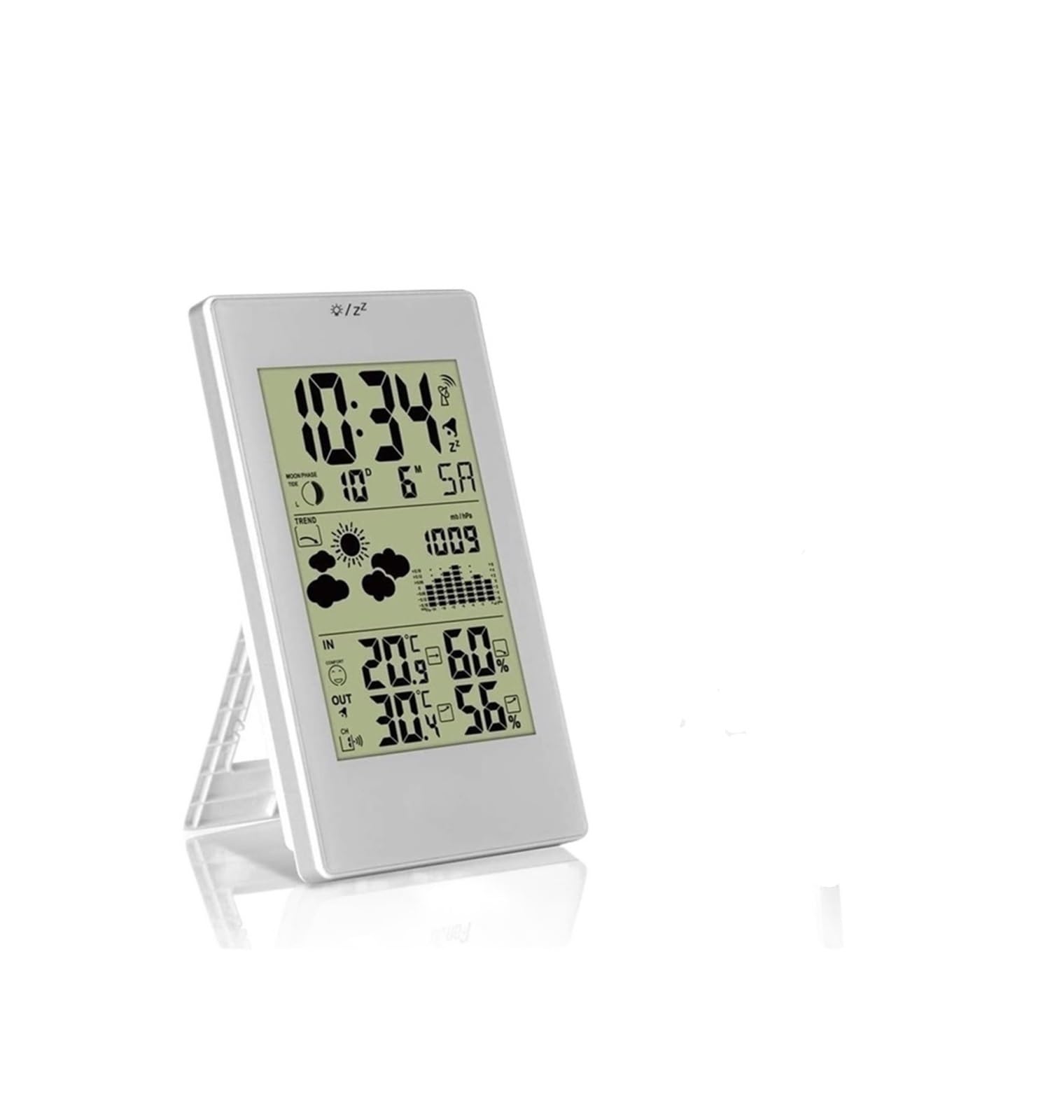 Wetterstation mit Barometer, Forecast, Digital-Thermometer, Hygrometer für den Innen- und Außenbereich, Raumluftbefeuchter mit Wettervorhersage und digitaler Snooze, Weiß