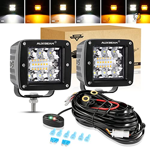 Auxbeam 3 Inch 72W LED Cube Light Pods, 6 Modes Amber/White Strobe Light Bar Spot Flood Offroad Driving Flashing Fog Lights Dual Color Auxiliary Light for Truck SUV Boat Jeep