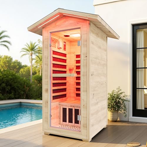 Albott Outdoor Sauna 1 Person Asphalt Shingle Roof Infrared Saunas for Home Low EMF 110V/15A Finnish Spruce Wood Dry Sauna with 5 Carbon Panels 7-Color Light Therapy & 2 Bluetooth Speakers