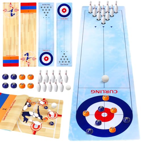 LOHAME Jeu de Curling 120x30cm 4-en-1 Shuffleboard Bowling Basketball Table de Curling Table de Curling en Caoutchouc Jeux de Table pour Les fêtes de Famille Voyage Jeux de Table Portables