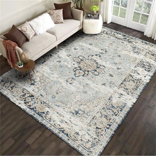 Grand tapis de chambre bleu 250x300 cm lavable au style rétro - 2