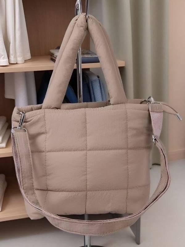 Image of WEMOL Premium Quilted Super Soft Tote Bag for Women (Quilted Tote - Brown) | Lightweight | Adjustable shoulder strap | Multiple inner pockets | Large Capacity Tote Bag
