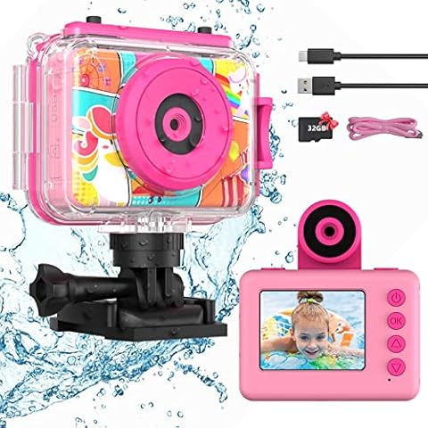 Ushining Children's Camera Waterproof Camera for Children, 1080P Digital Camera Video Camera Selfie Camera Underwater Camera for Children with 2.0 Inch Screen 32GB SD Card Gifts for Boys Girls Cover