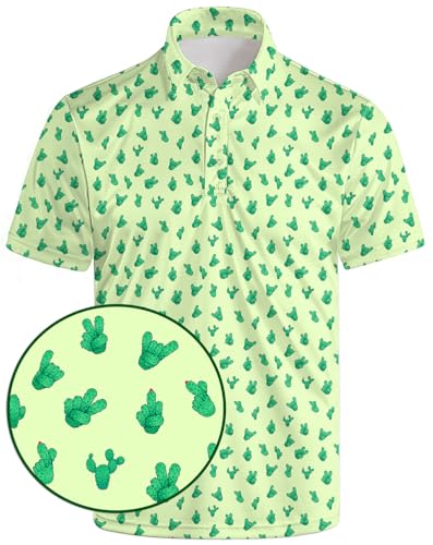 AYUNIX Funny Golf Shirts for Men Cactus Fingers Golf Polos Quick Dry Short Sleeve Performance Polo Shirts