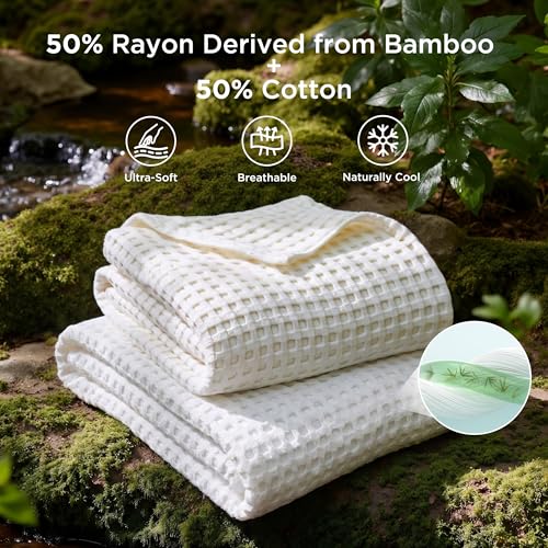 Image of Bedsure Cooling Cotton Waffle Weave Blanket - Lightweight Breathable Blanket of Rayon Derived from Bamboo for Hot Sleepers, Luxury Throws for Bed, Couch and Sofa, White, 50x70 Inches
