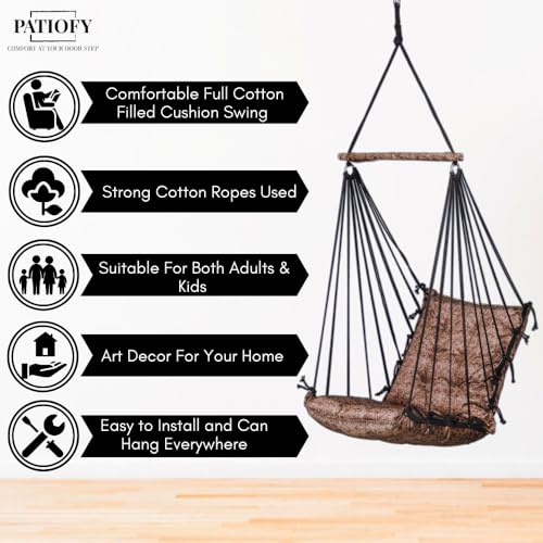 Image of Patiofy Jhula for Balcony /Swing for Balcony for Adult /Jhoola for Home /Wooden Swing Indoor /Hammock /Suitable for Indoor & Outdoor / 120Kgs Weight Bearing Capacity (Texture Light Brown)
