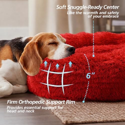 Image of ZEXSAZONE Plush Donut Dog Bed for Dogs & Cats | Soft Calming Anti-Anxiety Pet Bed | Warm Cozy Winter Dog Bed for Puppies | Washable Round Bed (Red Small)