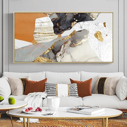 Feuille d'or peinture sur toile abstrait orange vert 30x60cm