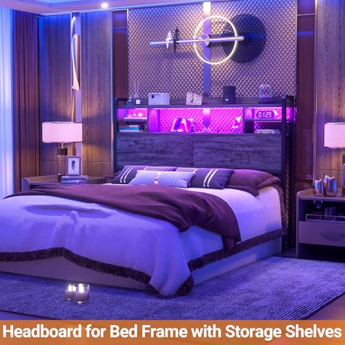Image of Aheaplus Headboard for Queen Size Bed with Storage, Black Oak | Headboards with LED Light, Power Outlets, USB Ports Queen Size Head Board, Wood headboard Only Sturdy and Stable Headboards