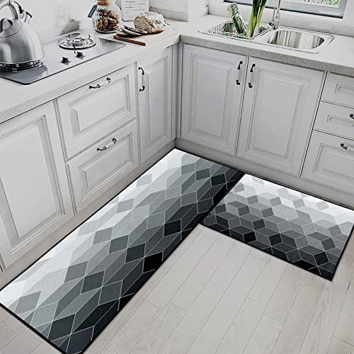 Tayney Black Grey Kitchen Rugs And Mats Non Skid Washable Set Of 2, Ombre Geometric Grid Diamond Kitchen Runner Rug, Modern Abstract Under Sink Mats For Kitchen Floor Decor #TOP17
