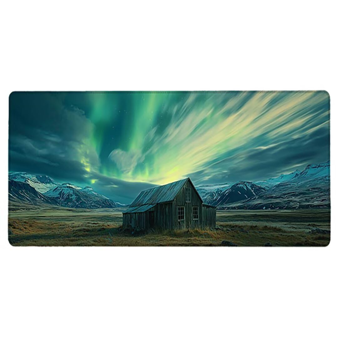 Podkładka pod mysz XXL Aurora Boreales - 1400x600x3mm - krajobrazowa duża mata na biurko z przeszytymi krawędziami i antypoślizgowa wodoodporna do komputera, przenośna poprawia precyzję i szybkość