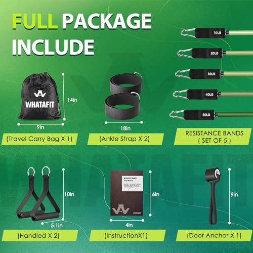 Image of WHATAFIT Resistance Bands, Exercise Bands, Workout Bands with Handles, Door Anchor and Ankle Straps, 5 Resistance Levels Fitness Bands for Strength Training, Physical Therapy, and Home Gym Equipment