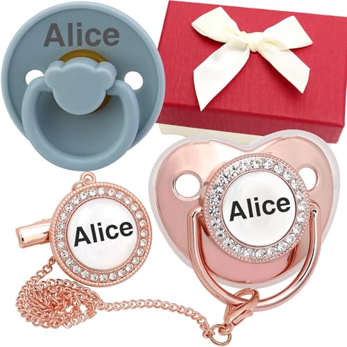 Chupete personalizado con nombre de bebé, chupete personalizado de material sostenible y biorrenovable, tetina de silicona suave con la piel (rosa dorado-gris)