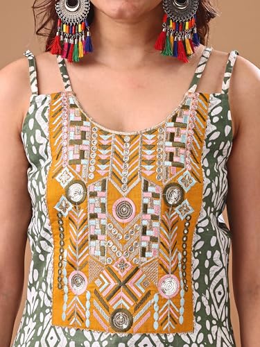Image of EthnicJunction Women's Cotton Blend Straight Fit Straight Embroidered Batik Print Shoulder Straps Kurta | Navratri Special Kurta