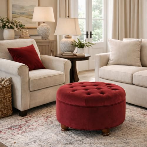 Image of Homepop Home Decor |N8264-B119 | Large Button Tufted Velvet Round Storage Ottoman | Ottoman with Storage for Living Room & Bedroom, Berry