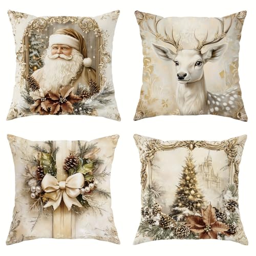 NSSHEL 4 Pcs Christmas Throw Pillow Covers Xmas Tree Santa Claus & Elk Designs Short Plush Single-Sided Printed Xmas Pillowcase Cushion Covers for Couch Home Decor 18x18 Inch - Inserts Not Included