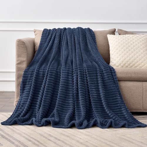 Image of BEDELITE Fleece Throw Blanket for Couch - 3D Ribbed Jacquard Soft and Warm Decorative Fuzzy Blanket - Cozy, Fluffy, Plush Lightweight Navy Throw Blankets for Bed, Sofa, 50x70 inches