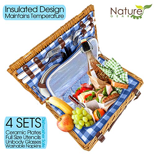 Nature Gear Upgraded 4 Person XL Picnic Basket Wicker (4 Person, Blue & White)