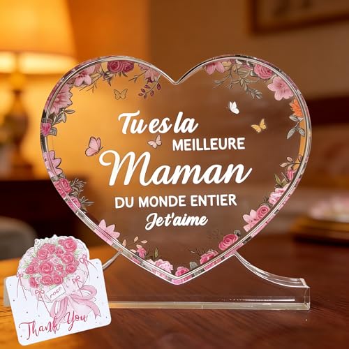 FINEVERNEK Cadeau Fete des Meres,Acrylique Heart Type Décoration Cadeau avec une carte de vœux pour Mamans,Plaque Cœur Décor de Bureau,Cadeaux Mere Original Présent,Cadeaux pour Maman Anniversaire