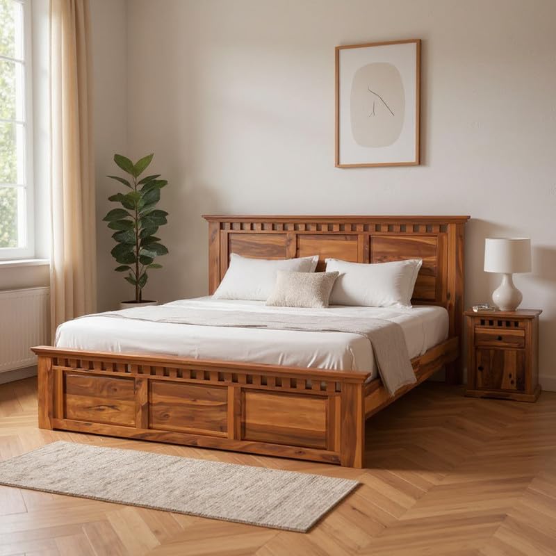 Image of Amazon Brand - Solimo Solid Sheesham Wood Kuber King Size Bed Without Storage + 2 Bedside | Wooden King Size Cot Bed | Double Bed with 2 Bedside Furniture for Bedroom (Honey Finish)