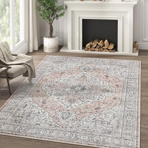 jinchan Area Rug 4x6 Medallion Floral Washable Rug Accent Floor Cover Non Slip Living Room Vintage Mat Retro Thin Soft Carpet for Bedroom Dining Room Kitchen Distressed Blue 4' x 6' (Rectang