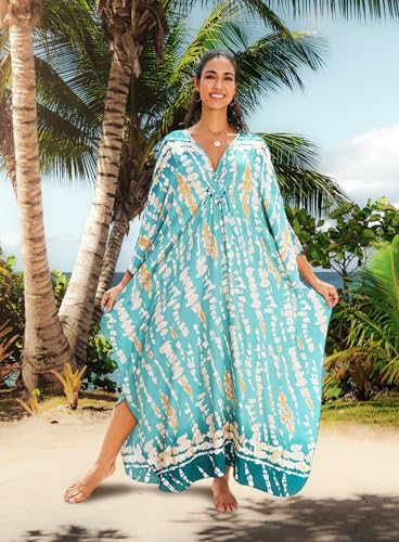 Image of Yanziliu Kaftan Dress for Women,Plus Size Hawaiian Batwing Sleeve Beach Cover Up Summer Swimsuit Dresses