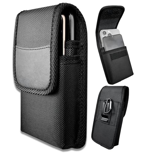 Dual Phone Holder Heavy-Duty Two Phone Holster Double Phone Case with Sturdy Reinforced Belt Clip Waist Pouch for iPhone/Samsung Galaxy/Moto/Google Pixel Smartphones Hook & Loop Closure-Black