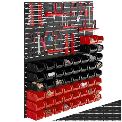 TecTake® Étagère Murale modulable 56 Boîtes de Rangement empilables & Crochets Meuble de Rangement Rangement Atelier Garage Rangement Mural de visserie &...
