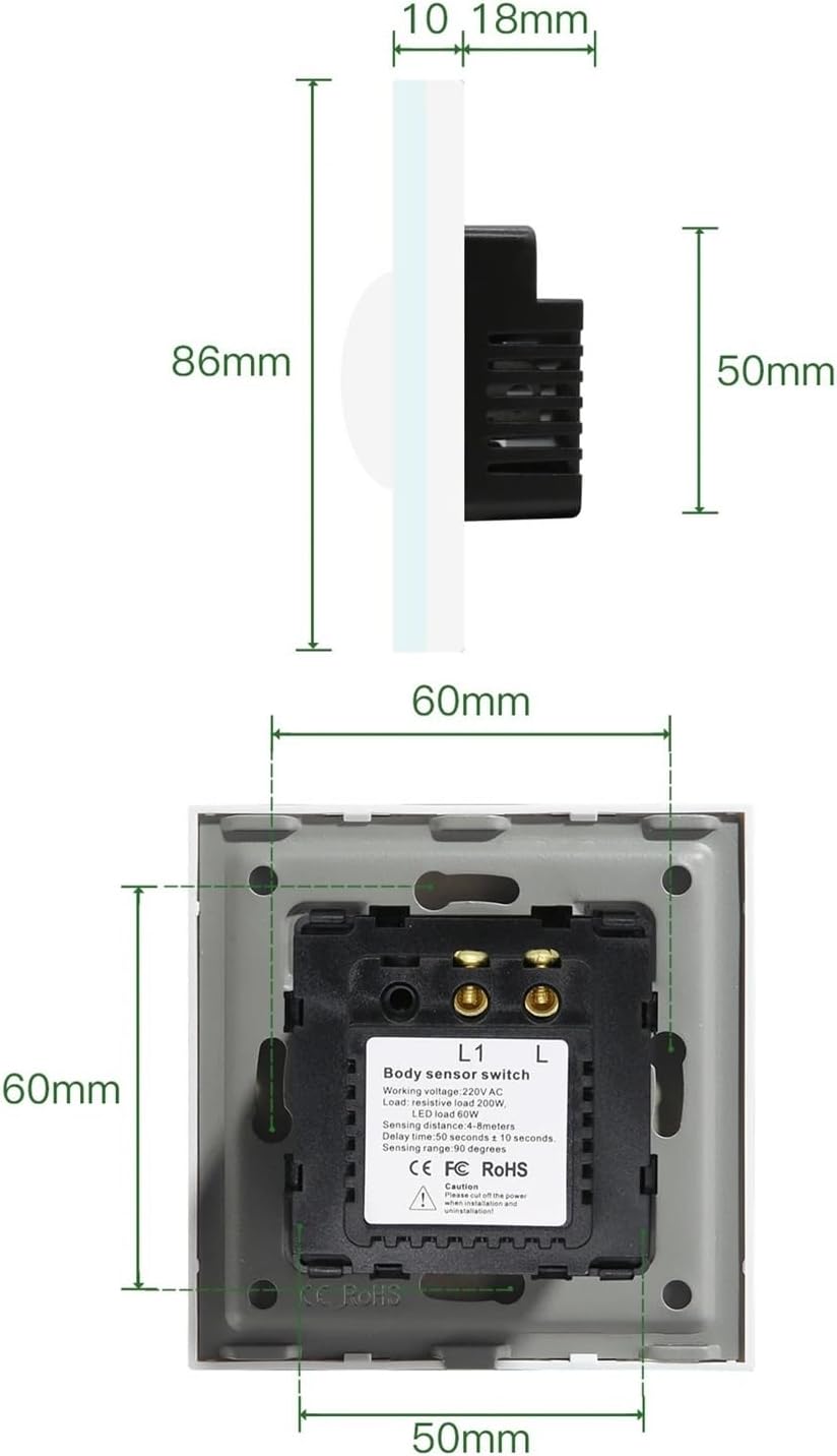 PIR Infrared Motion Body Sensor Switch Motion Sensor Glass Mechanical Wall Mounted Switches EU Standard LED Light Switches(White)