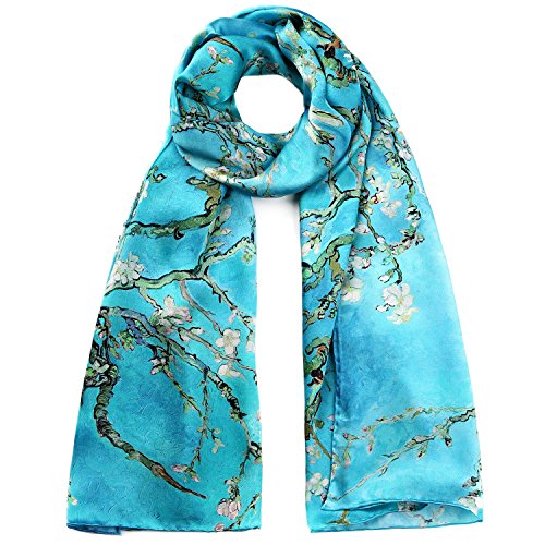 STORY OF SHANGHAI Femme Foulard 100% Soie Colore Echarpe Leger Elegant Coupe Manuel Meilleur Cadeau pour votre Lady, Bleu Print, Taille uniqueBleu