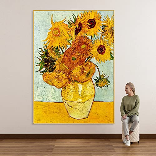 Peinture Tournesol Van Gogh faite main sur grande toile verticale 3D