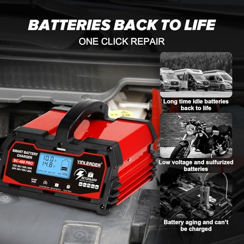Battery Charger 40A, 12V/24V Lead Acid Smart Battery Charger, 12V LiFePO4 Car Battery Trickle Charger, Automatic Battery Maintainer for Car Motorcycle Lawn Mower Marine Boat Lead Acid Batteries