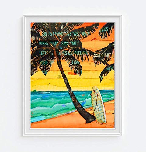 Palm Sunday, Danny Phillips Art Print, Unframed, Vintage Palm Trees Ocean Coastal Surf Surfboard Beach Nautical Sunset Coastal Wall Art, Mixed Media Collage Painting, 8x10 Inches