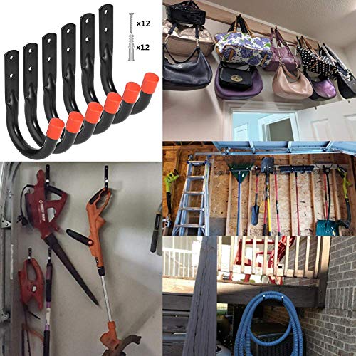 Wall Mount Utility Hooks Heavy Duty Steel Garage Storage Hanger Multi-Tools Holder Hanging Organizer (6 Pcs Black 4