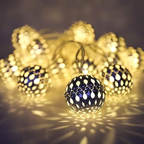 Moroccan String Lights Battery Powered 20 Silver LED Globe Lights with Timer for Wedding Party, Birthday, Christmas, Home Decor, Indoor Outdoor, Metal Orbs, 8 Functions, Auto ON OFF, 10 ft Cover