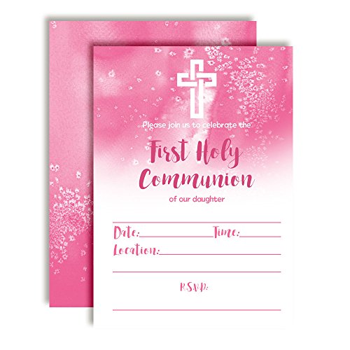 Pink Watercolor First Holy Communion Religious Party Invitations for Girls, 20 5"x7" Fill