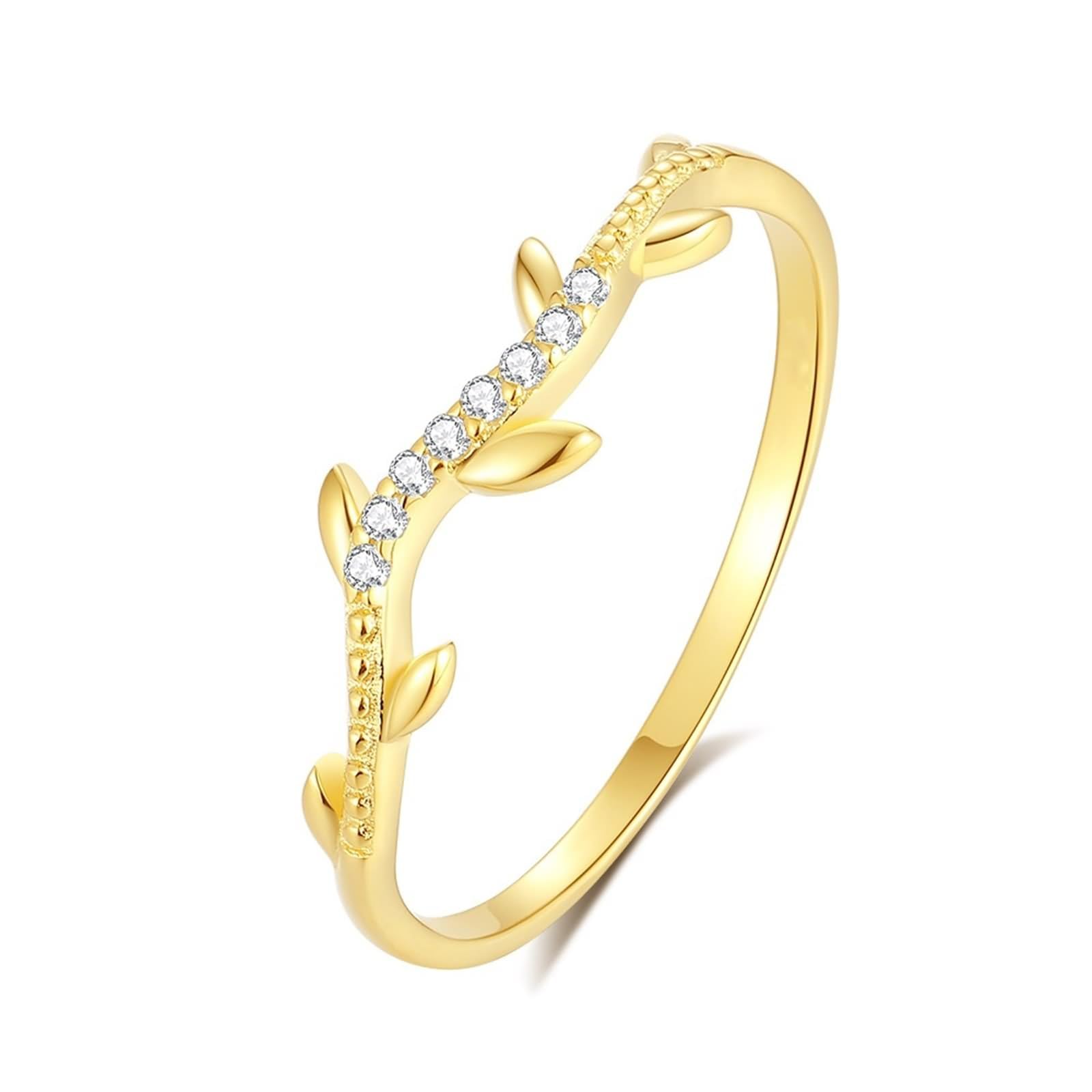 Anillo de amistad para mujer, diseño de hoja con diamante redondo, oro amarillo, regalo para mujer