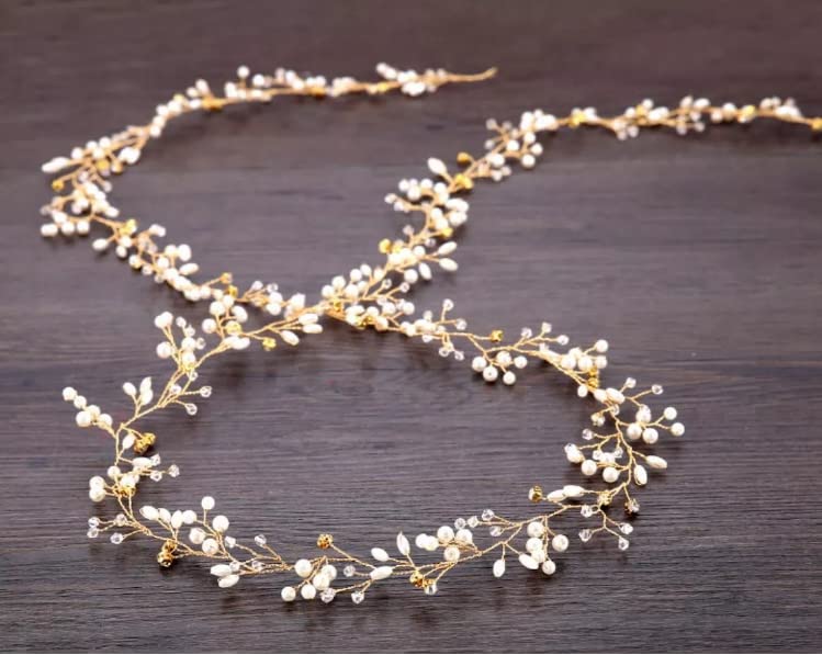 JOY STORE Banda nupcial para el pelo de 50 cm, con cuentas y pedrería. Accesorios para el cabello de novia Banda Oro hecha a mano…