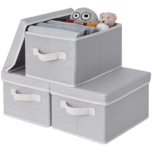 Image of GRANNY SAYS Closet Storage Bins, Fabric Boxes with Lids, Shelf Baskets for Organization, Stackable Storage Containers Storage Baskets for Organizing, Gray/Beige, Medium, 3-Pack