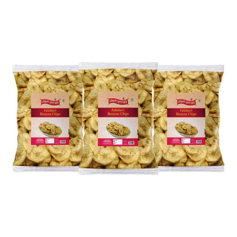 Image of OKHLI MUSAL BRAND Fast Falahari Farali Falhari Banana Chips Tasty Yummy Snack Healthy Snack Made In Ground Nut Oil-Mysore Vazha Pazham Banana Kella Kela Chips wafers Namkeen Snack-250g*3Pack