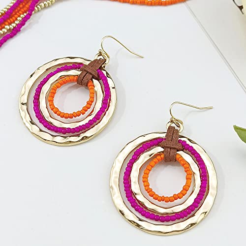 Multi Strand Seed Beaded Necklace With Circle Pendant Chunky Bib Statement Beads Cluster Collar Necklace Set For Women（N0103） #TOP5