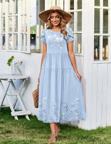 Image of Zeagoo Summer Dresses for Women 2026 Maxi Bohemian Floral Short Sleeve Long Dress Casual Flowy Tired Beach Sundress