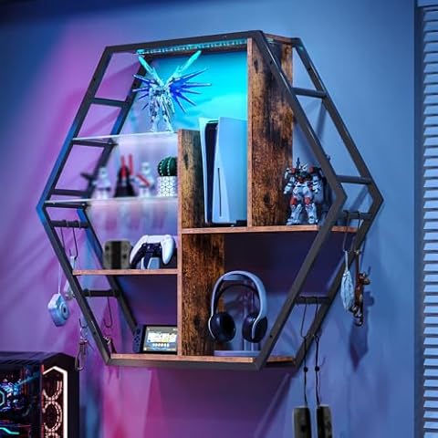 Saudism Floating Shelves with Lights, Led Shelves for Wall, Gaming Room Decor Display Shelf, Lighted Bar Shelves, Extra Hanging Hooks Storage, Sturdy Fast Assembly Great Weight Capacity-Rustic Brown Cover