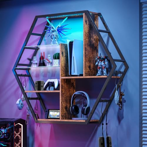 Saudism Floating Shelves with Lights, Led Shelves for Wall, Gaming Room Decor Display Shelf, Lighted Bar Shelves, Extra Hanging Hooks Storage, Sturdy Fast Assembly Great Weight Capacity-Rustic Brown