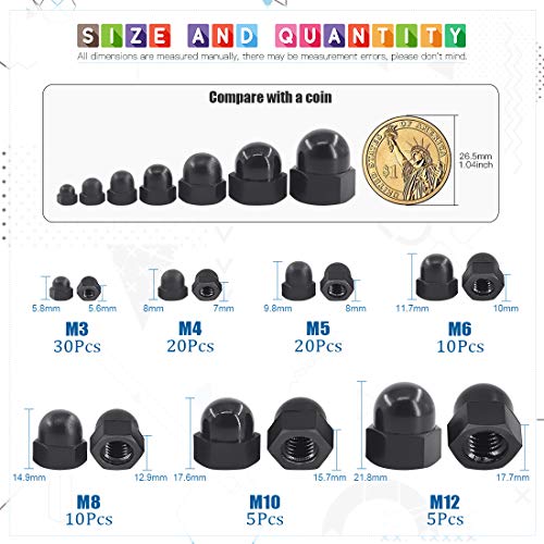 Glarks 100Pcs 7 Sizes Black Nylon Dome Acorn Bolt Cup Nuts Set, M3, M4, M5, M6, M8, M10, M12 Hex Protector Cap Assortment Kit For Protecting Hexagon Shaped Threads Rods Studs And Bolts #TOP1